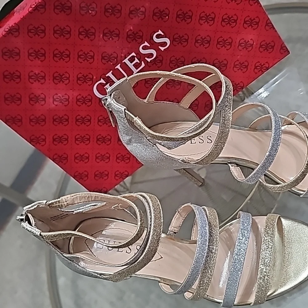 Guess Strappy Pumps Gold & Silver Straps  Stiletto Heels sz 8M